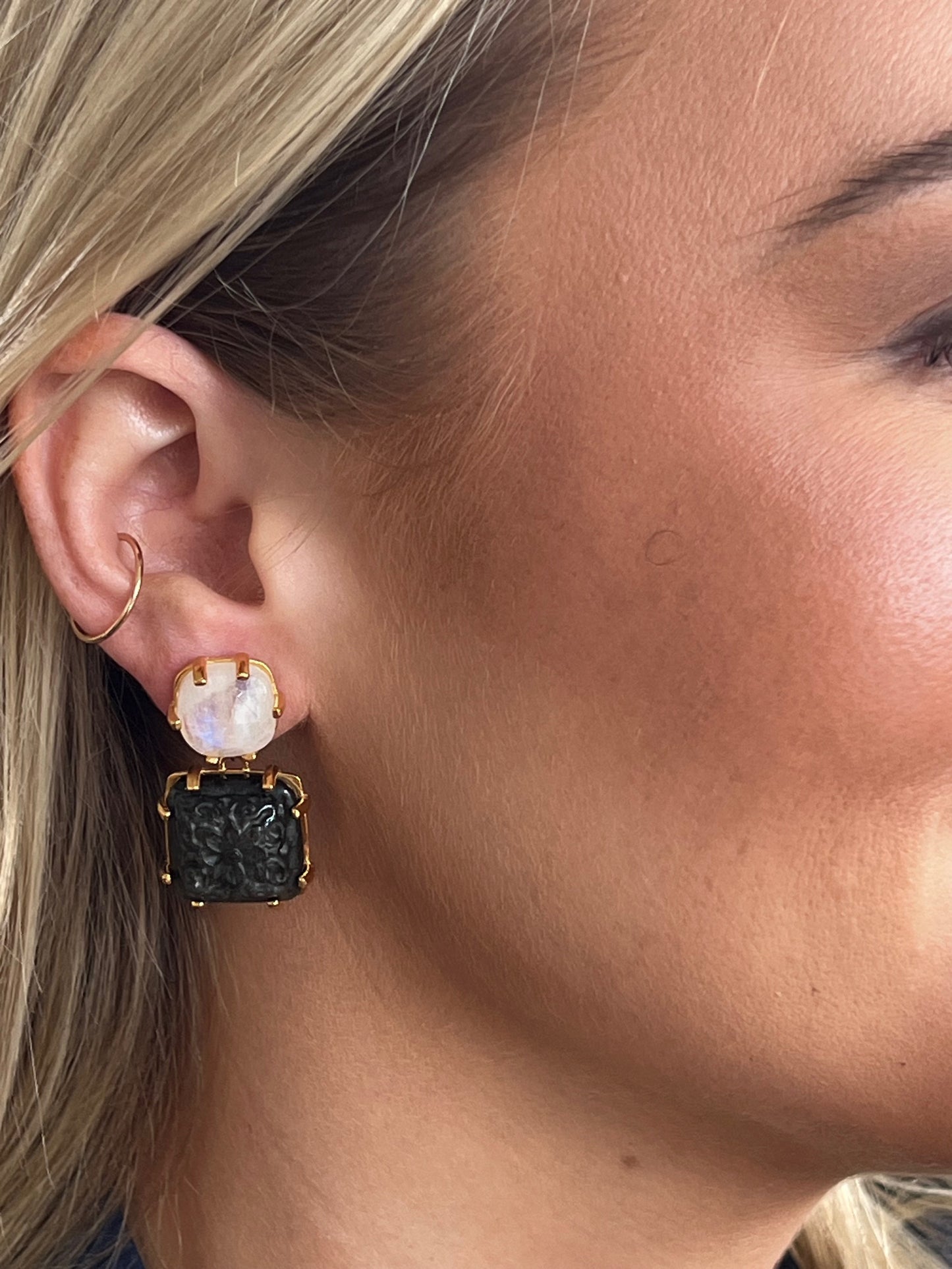 Moonstone & Carved Golden Obsidian Earrings
