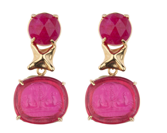 Faceted Ruby and Ruby Red Triton Intaglio Earring