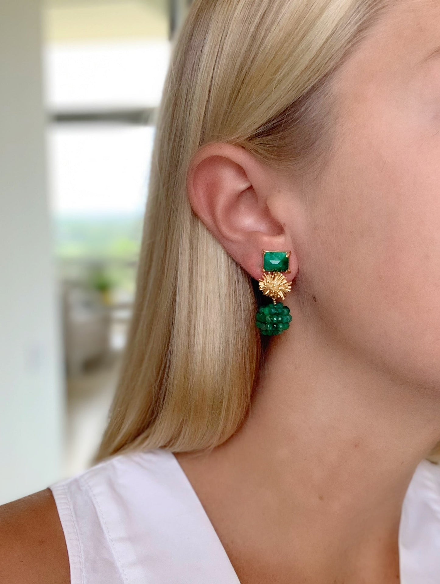 Sunburst with Emerald Cut Amethyst & Ruby Beaded Ball Earrings