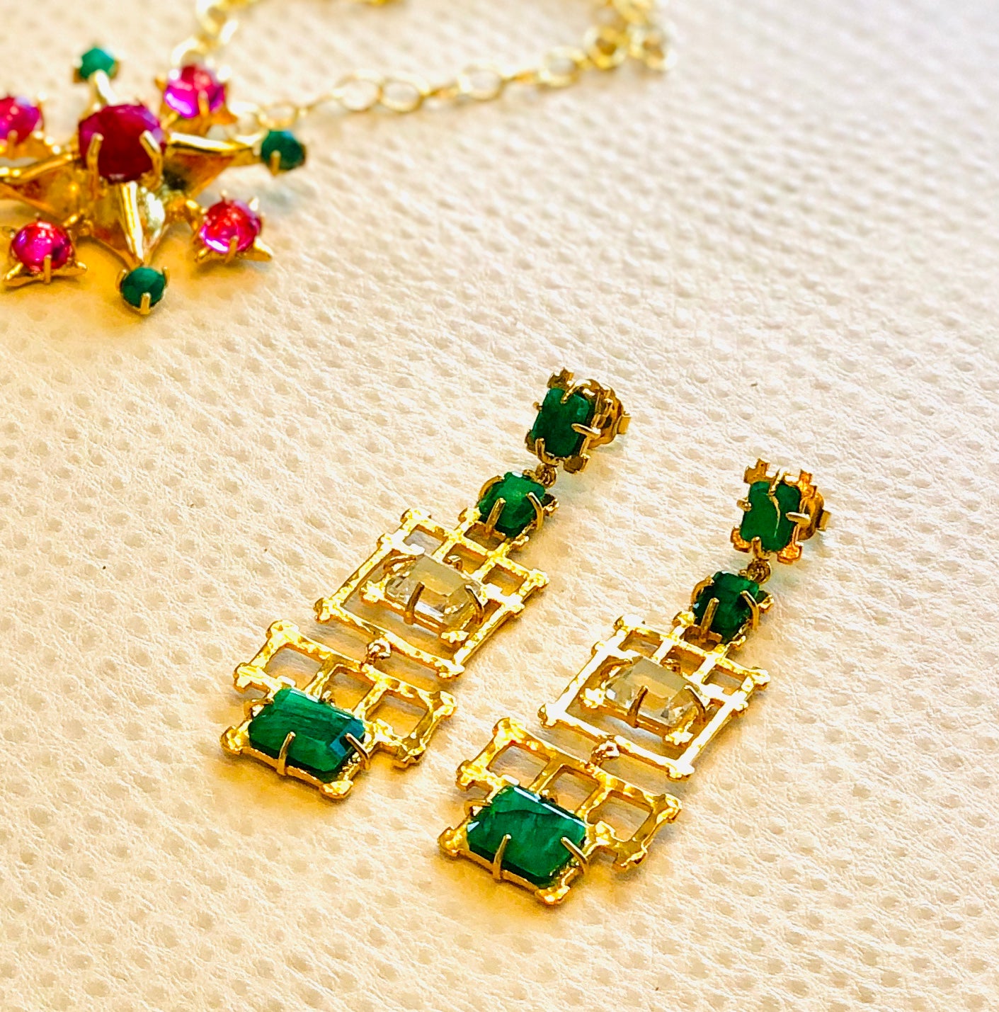 Green Onyx and Rock Crystal Bamboo Chandelier Earrings