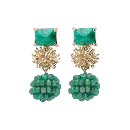 Sunburst with Emerald Cut Emerald & Emerald Beaded Ball Earrings