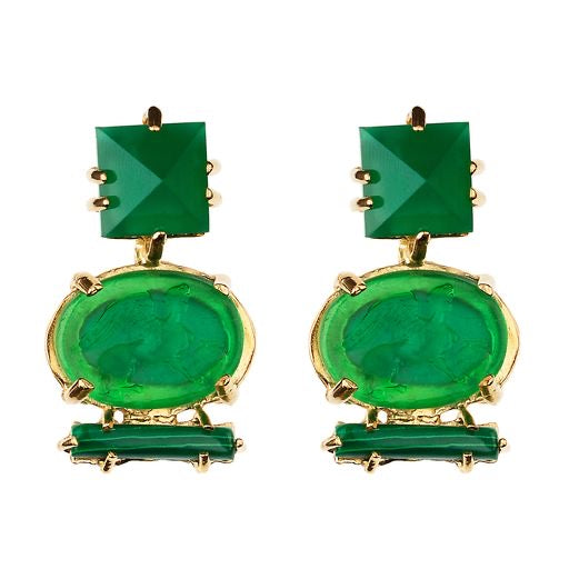 Square Pointed Green Onyx, Green Griffin Intaglio & Malachite Bar Earrings