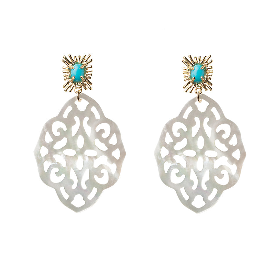 Sunburst with Turquoise & Carved White Mother of Pearl Earrings