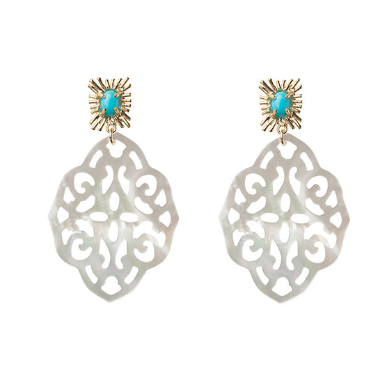 Sunburst with Turquoise & Carved White Mother of Pearl Earrings