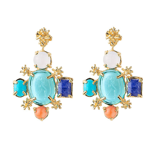Sunburst Coral and Turquoise Hercules Intaglio Earrings