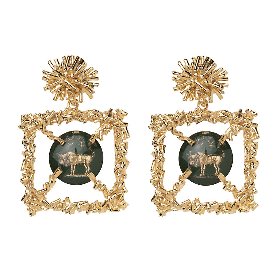 Sunburst & Vintage Glass Taurus Zodiac Earrings