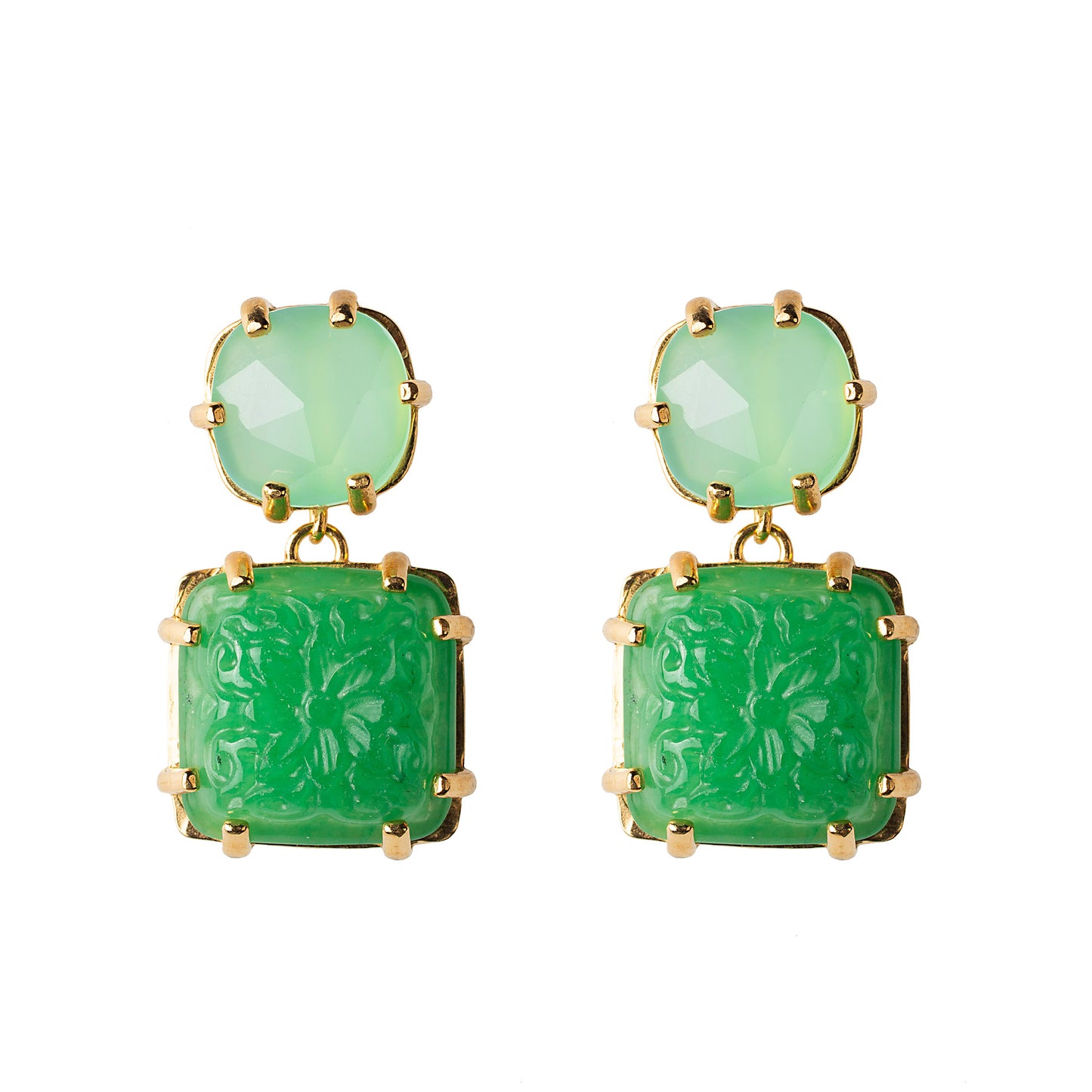 Aqua Chalcedony & Carved Green Quartz Earrings