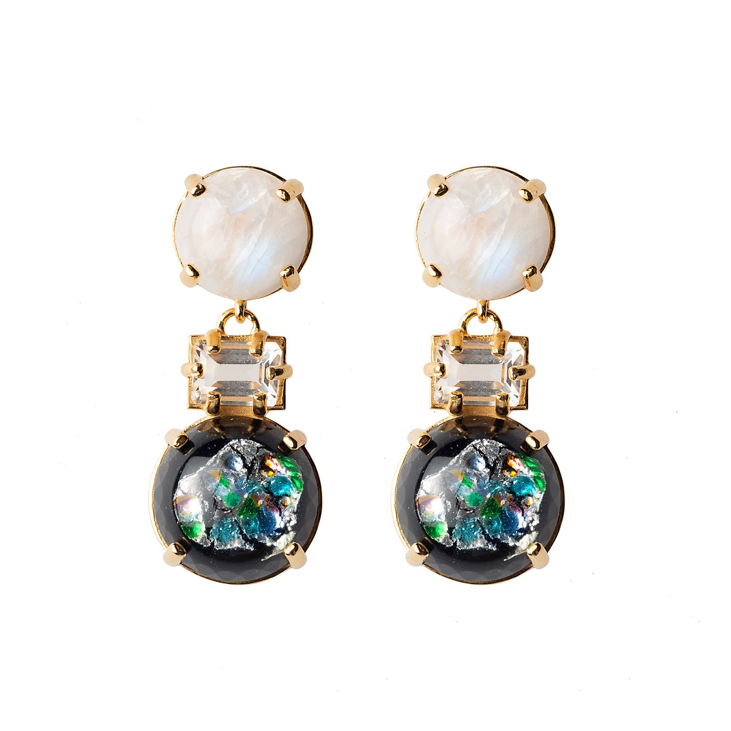 Moonstone, Rock Crystal & Vintage Glass Opal Earrings