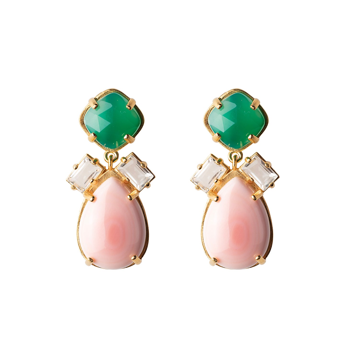 Green Onyx, Rock Crystal & Pink Conch Shell Earrings