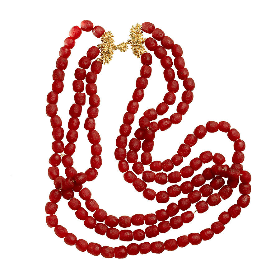 Red African Recycled Glass Three Strand w/ Sprinkles Clasp