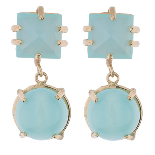 Aqua Chalcedony Faceted Square & Cabachon Earring