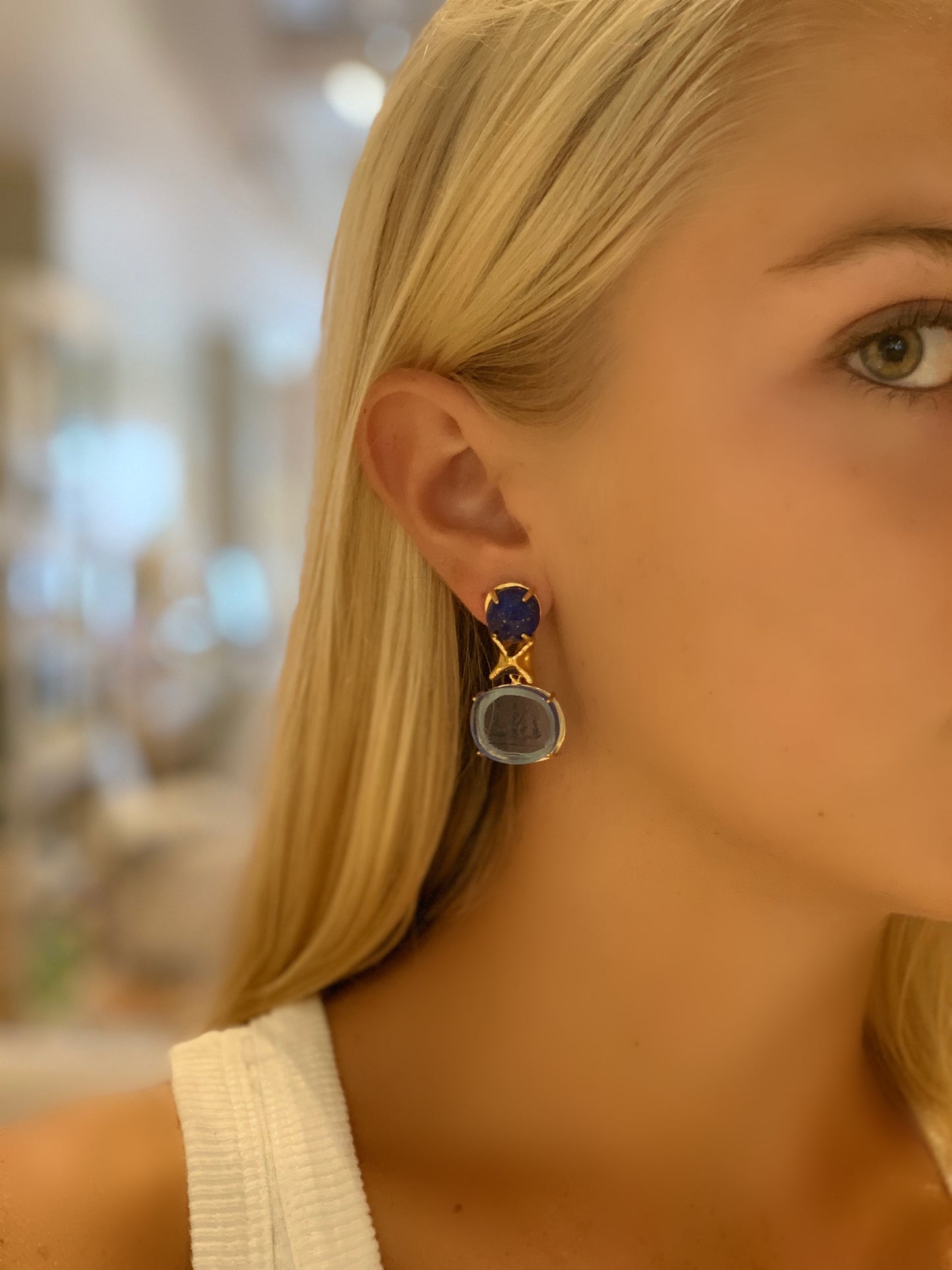 Faceted Lapis and Blue Triton Intaglio Earring