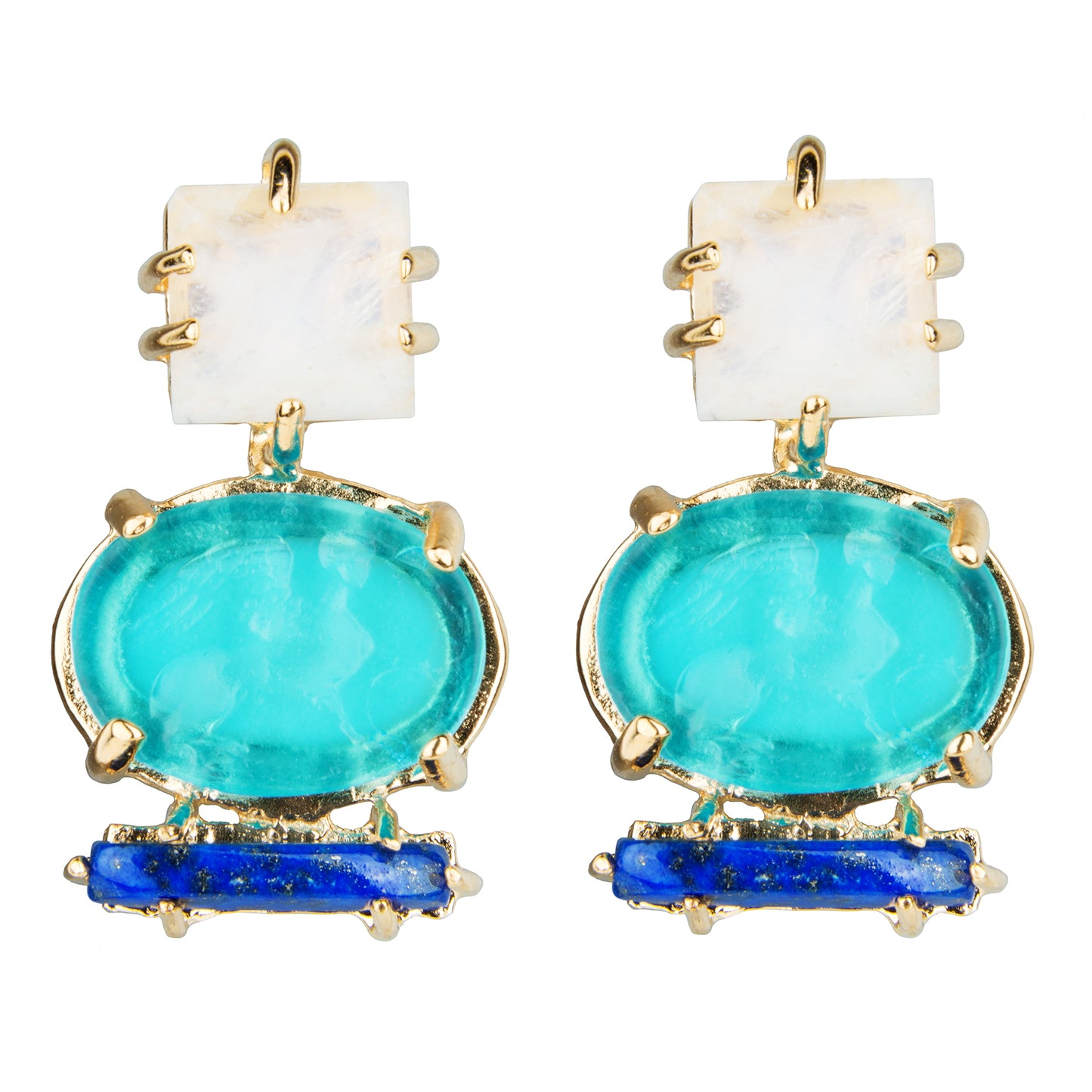 Square Pointed Moonstone, Turquoise Griffin Intaglio & Lapis Bar Earrings