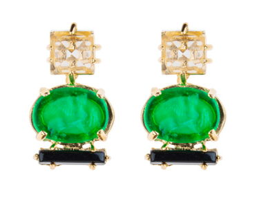 Square Pointed Rock Crystal, Green Griffin Intaglio & Black Onyx Bar Earrings